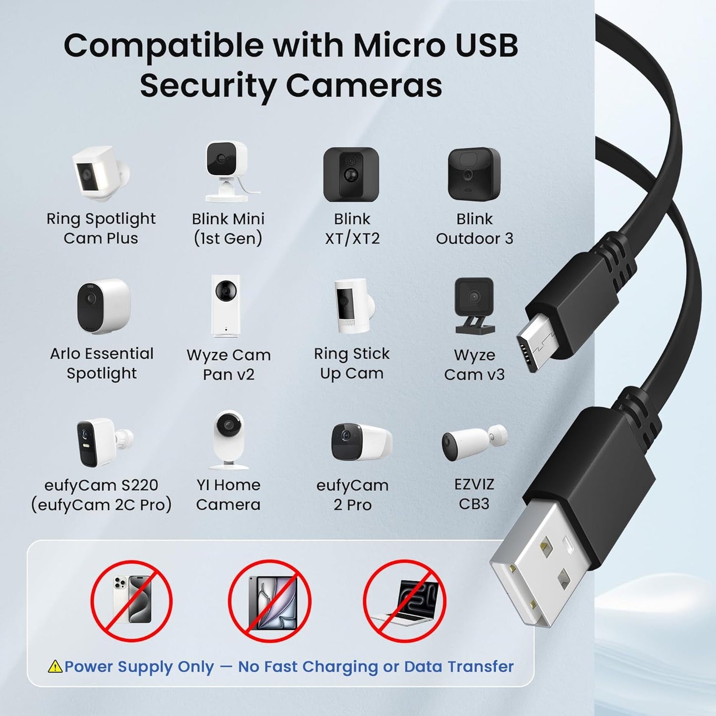 USB to Micro USB Extension Cable 30FT 2 Pack flat charging power extension cord compatible with Wyze, Blink, EZVIZ, and Eufy security cameras