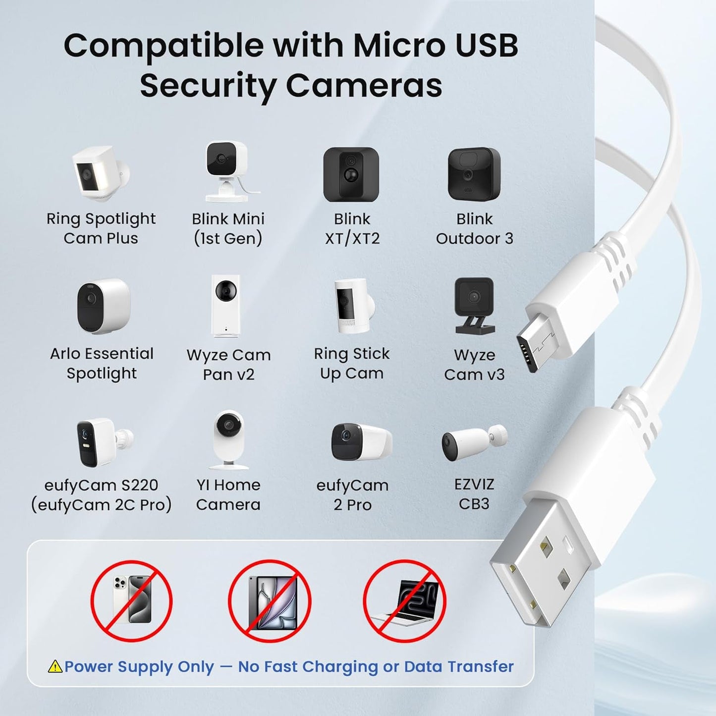 Micro USB Extension Cable 20FT 2 Pack flat USB to Micro charging power extension cord compatible with Blink, Wyze, Eufy, and Ring security cameras