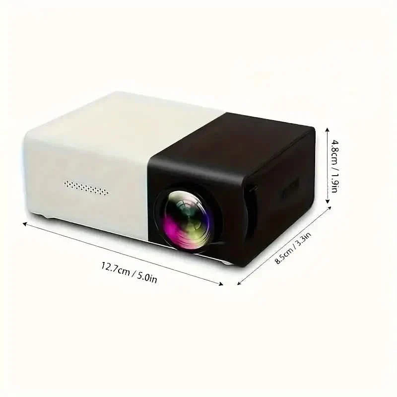 Mini Portable HD Movie Projector showcasing its compact design and dimensions, perfect for on-the-go entertainment.