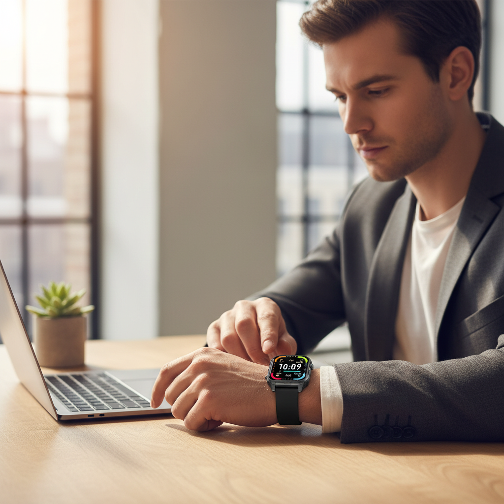 Smartwatch worn at office desk